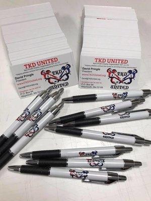 Custom business cards, logo design and pens