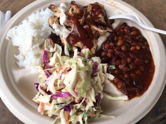 Smoked chicken, coleslaw and beans.