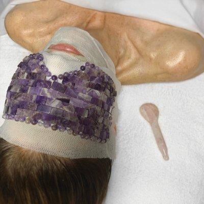 Gua Sha Facial with Amethyst eye mask and Rose Quartz spoon