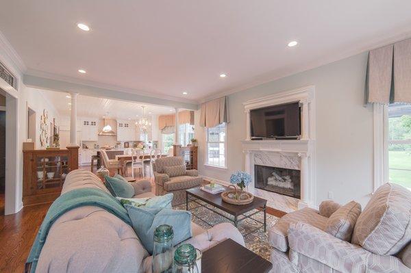 The most comfortable room ever!  Mint walls, khaki and teal furniture, white cabinets.  So crisp.