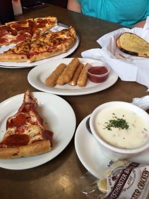 Pizza, clam chowder and mozzarella sticks