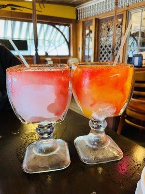 Strawberry margarita with Tajin (left) ; strawberry & mango margarita with tajin (right)