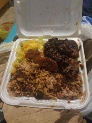 Stew beef, rice & peas and cabbage