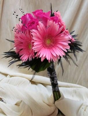 Hot Pink Roses and Gerbers, Black feathers and beads Bridal Bouquet