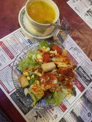 Salad bar and chicken dumpling soup.