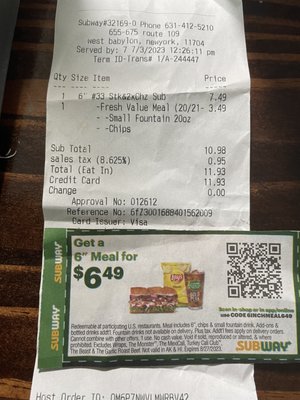 The coupon for $6.49 and the receipt for $11.93. The bait & switch.