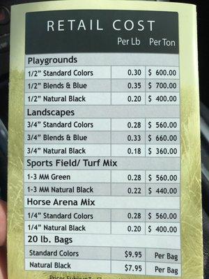 Price list for the colored rubber mulch that is made from ground up tires. It can be used for playgrounds, sports fields or horse arenas