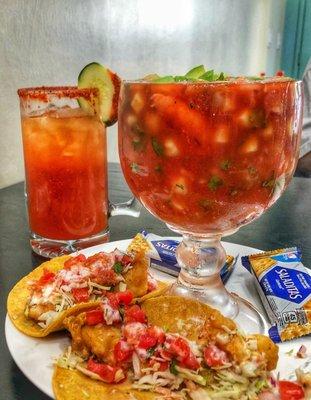 Coctel De Camaron with Michelada and fish tacos