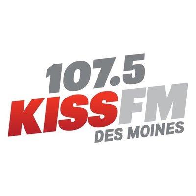 "107.5 KISS FM DES MOINES" KKDM logo.