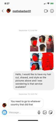 promo_the_barber / mothebarber01 / . A barber shop refusing to do a mohawk. Poor customer service