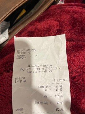 Receipt showing what was charged