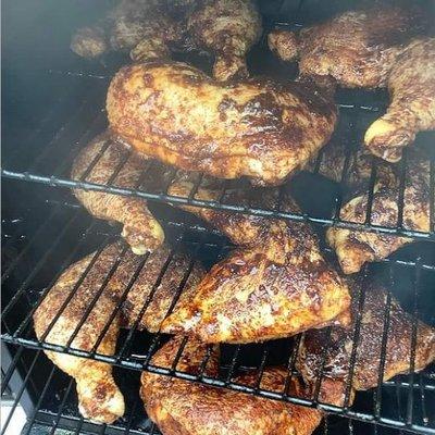 Chicken dry rubbed and in the smoker!