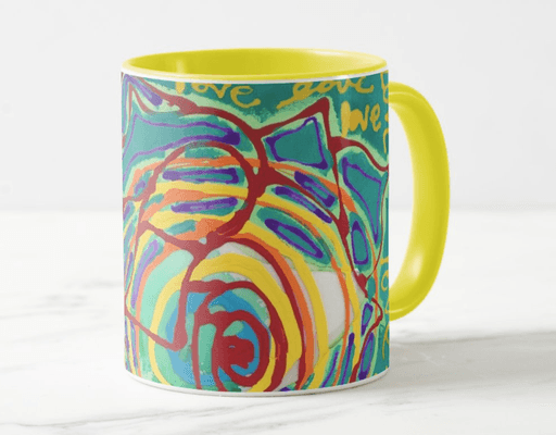 Lovemug made from original paintings by Autumn Love with hand-painted, 100% unique bottoms.