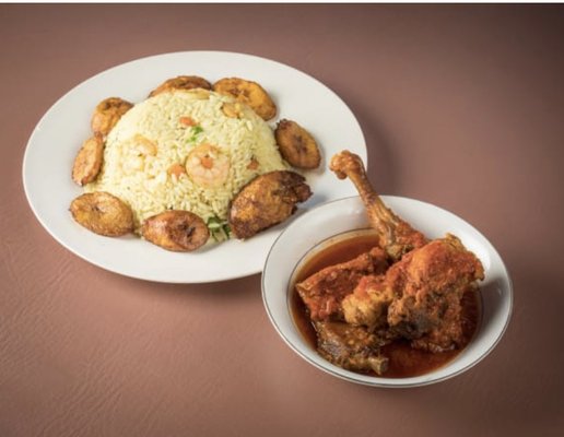 Fried rice and plantains with chicken stew