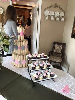 Diaper cake and hand sewn 3D circle garlands for a "Baby Sprinkle" baby shower.