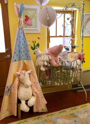 Pretend-play tent, Antique crib, plush toys