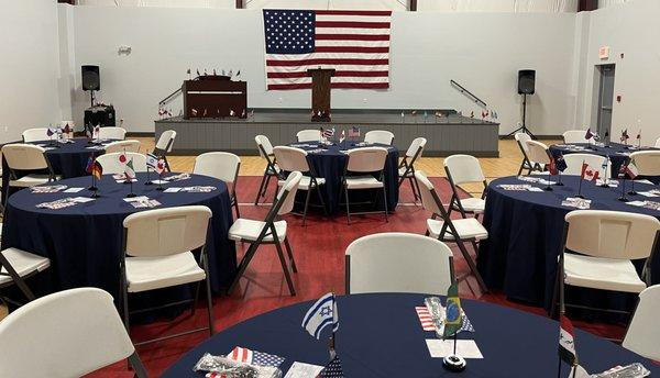 CBC Gymnasium  set up for Mission's Banquet