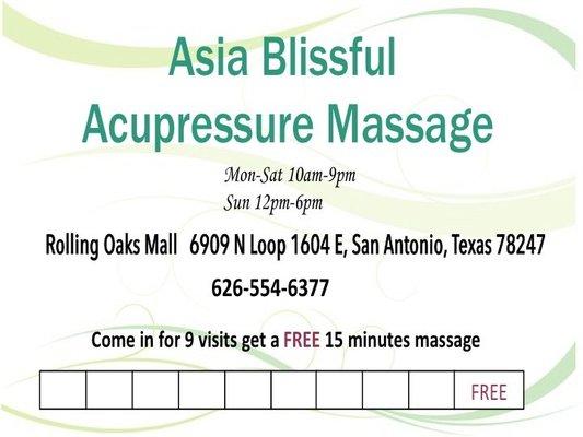 We are Asia Blissful Acupressure Massage shop that is located at the first store close to the main entrance of the Rolling Oaks Mall.