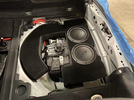 Custom fabricated spare tire will sub box built for two 8" Audiomobile EVO series subwoofers in this 2018 Audi S5