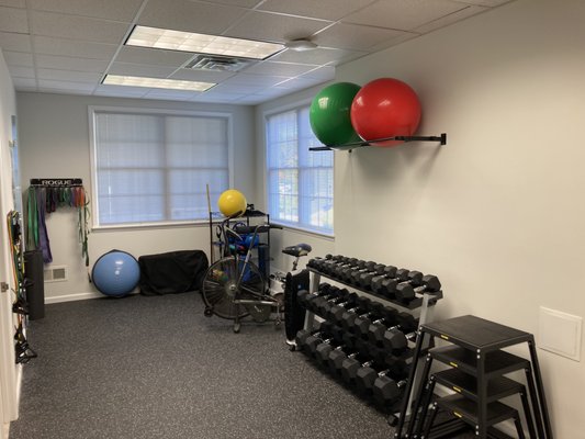 Here is our rehab and exercise room where patients perform their rehabilitation exercises and personal training clients will be working out.