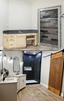 Before & After of this beautiful master bathroom. New flooring, Custom built cabinets, barn doors and shower.