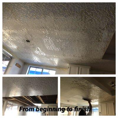 Just finished a kitchen ceiling repair drywall tape and texture to match existing.