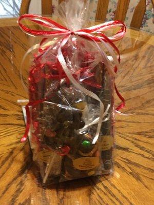 Several selected chocolates including chocolate pretzel sticks. Owner offered to wrap all for about $3.