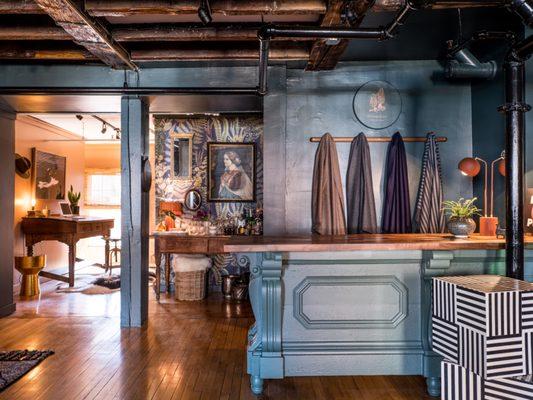 Interior of Portland Maine based Evangeline Linens first ever brick and mortar. Located in the second-oldest building in the Old Port.