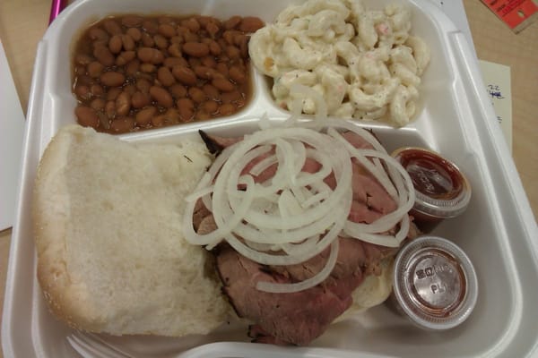 Pit Beef Sandwich with two sides (baked beans, macaroni salad).