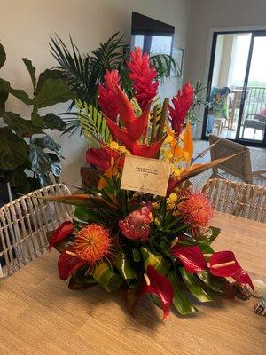 Happy Birthday  arrangement, bird of paradise, ginger, heliconia, proteas, Ti leaves, anthurium and orchids-gorgeous!