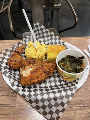 White meat chicken, collards, cornbread and Mac n.  Cheese.