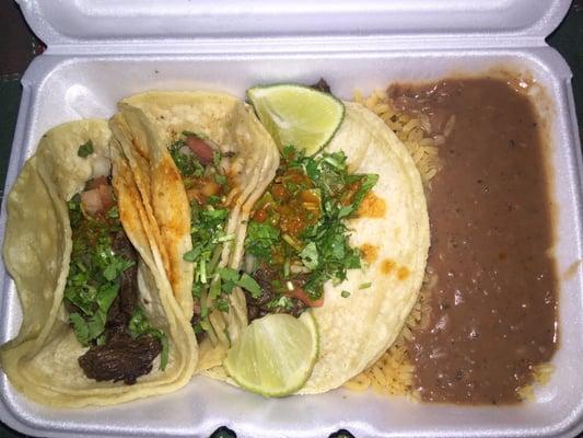 Carne asada taco combo with rice and beans. #todiefor