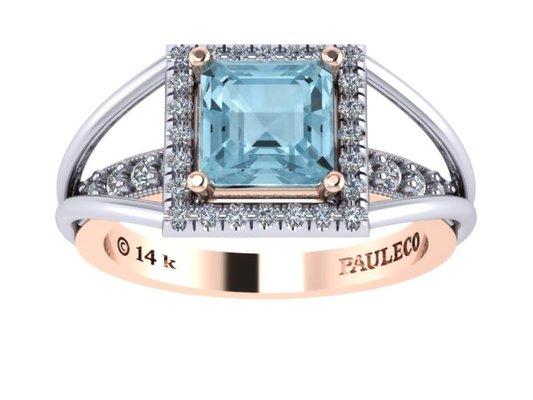 14k white and rose gold ring white diamonds and blue topaz.