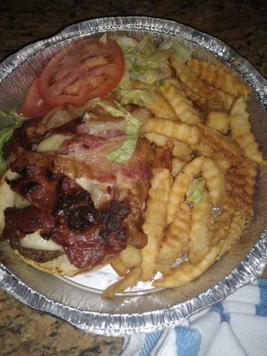 Bacon cheese burger and fries