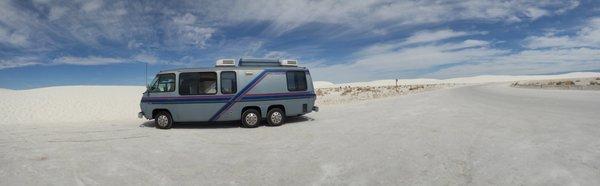 Here is the RV in White Sands National Monument after our visit with My Mechanic