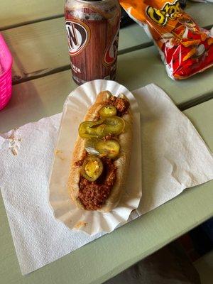 Chili Cheese and Jalapeño Dog