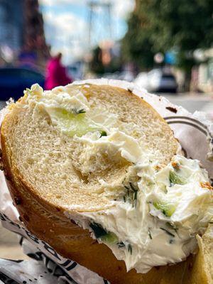 Onion bagel with Cucumber Dill cream cheese