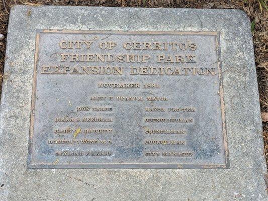 Friendship Park expansion dedication plaque