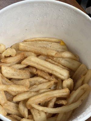 Hot fries in this tub with a plastic lid on them which creates moisture and soggy, nasty fries.