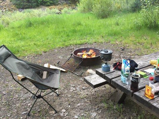 Basic camping. Nice fire next to the river.