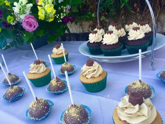 Chocolate Peanutbutter and Salted Carmel Cupcakes along with s'mores cake pops