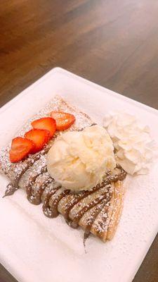 Nutella, strawberry, banana crepe and vanilla ice cream