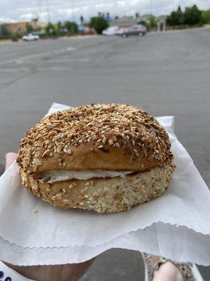 Mountain Man bagel with plain cream cheese