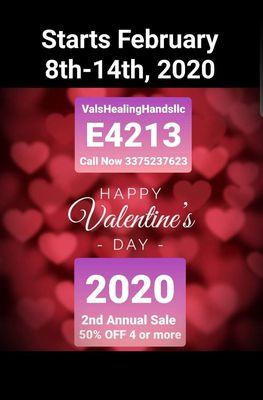 Valentine's Day Special Starts Feb. 8th-14th, 2020
50% off of a 4 pack of any massage service.