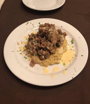 Appetizer - Fried Chicken Livers on top of cheese grits