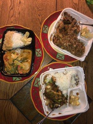 Lunch Special Carryout Left: Chicken Gang Curry  Top Right: Beef Kung Pao  Bottom Right: Pad Park Garlic