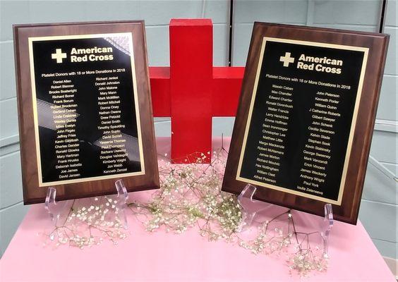 These are the plaques for those that donated platelets 18 times or more in 2018.  Photo taken March 27, 2019.