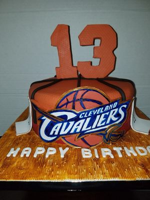 Cleveland Cavs themed birthday cake with edible wood floor