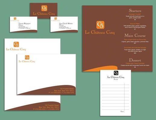 Business cards, Menu, Stationery for a restaurant