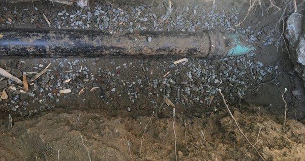 Green pipe in right - sewer pipe. Black - ABS, incorrect pipe for side sewer. Note crooked joint between the two.